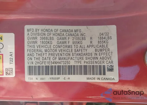 2022 Honda Civic Si from USA, damaged, VIN 2HGFE1E54NH473250